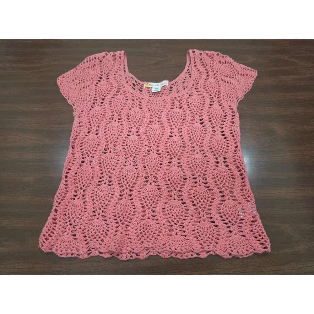 Love By Design Pink Crochet Knit Top Womens Small Boho Open Weave Short Sleeve